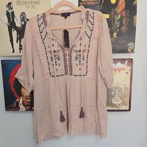 Blush Embroidered Boho Tunic with Tassel Ties